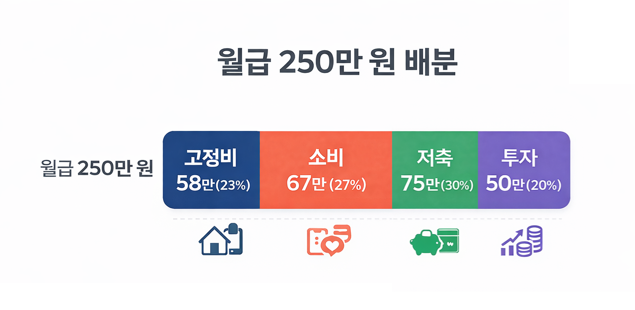 월급 250만원 통장 쪼개기 배분 예시 - 고정비 58만, 소비 67만, 저축 75만, 투자 50만